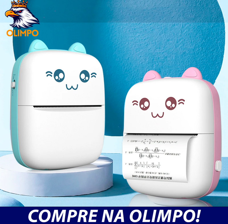 Mini Impressora Térmica Portátil com Cabo USB, 7 Rolos de Impressão, Foto Etiqueta sem fio, Memo e Anotações, Forma de Gato