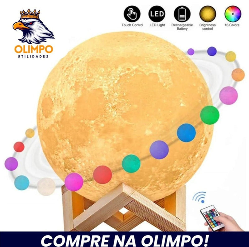 Lâmpada de lua LED Luz Noturna, 16 Cores, Recarregável, com Controle, Decoração, Presente