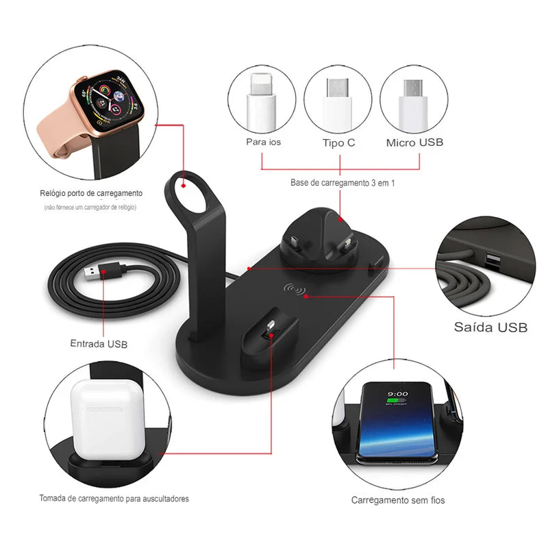 7 em 1 Base Carregador Wireless para Celular, Fones de Ouvido, Relógio 30W